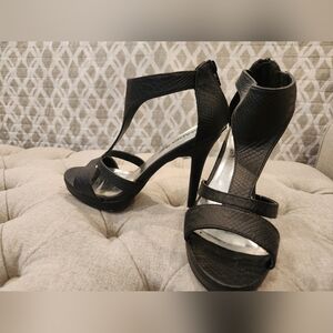 Textured Black Leather Strappy Heels